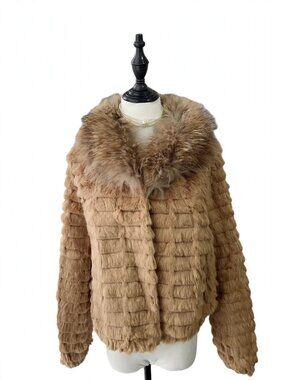 Brown Rabbit Fur Coat with Raccoon Dog Fur Collar